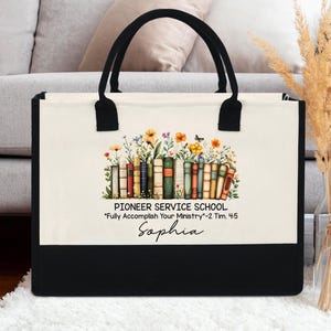 Sac fourre-tout personnalisé pour l'école des pionniers avec des livres et des fleurs - Cadeau du ministère personnalisé avec Écriture et nom des Témoins de Jéhovah