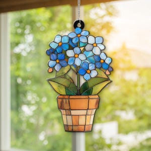 Forget-Me-Not Pot Acrylic Suncatcher, Window Hanging Decor, Handmade Floral Sun Catcher, Nature Inspired Art, Botanical Glass Ornament
