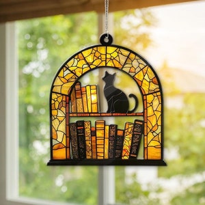 Black Cat And Book Suncatcher Window Hanging, Book Window Decor, Book Lover Gift, Bookish Ornament, Indoor Decor, Librarian Gift