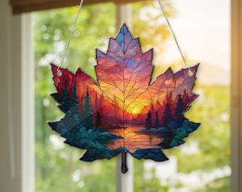 Attrape-soleil en feuille d'érable : décoration de fenêtre d'automne en faux vitrail, décoration suspendue de fenêtre de forêt de coucher de soleil, feuille d'automne, décoration de Thanksgiving