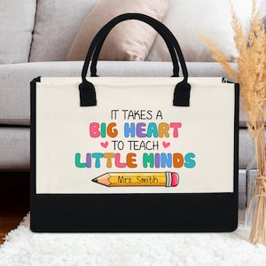 Sac fourre-tout personnalisé pour enseignant - Cadeau personnalisé pour enseignante, grand coeur pour instruire les petits esprits, rentrée des classes, enseignante de maternelle préscolaire