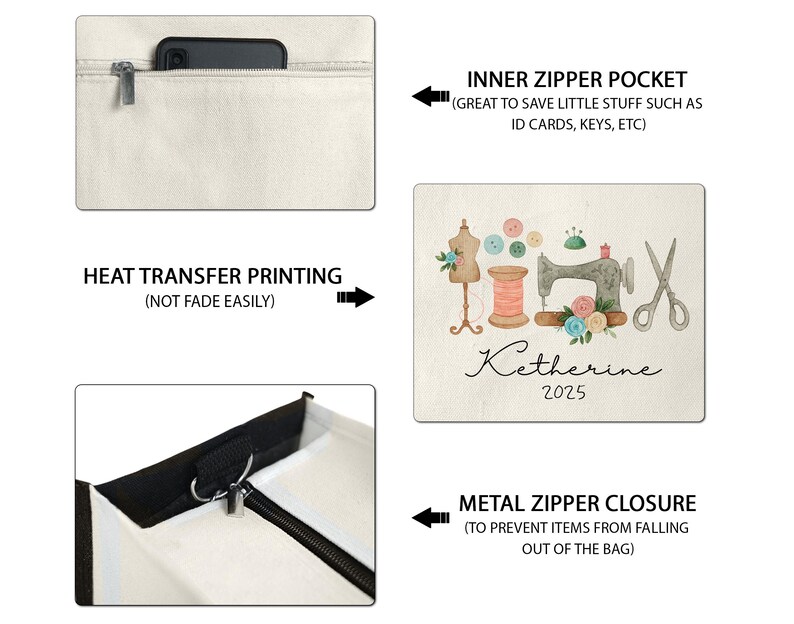 Peut inclure: Sac fourre-tout cr&egrave;me avec une fermeture &eacute;clair noire et une fermeture &eacute;clair en m&eacute;tal. Le sac pr&eacute;sente une poche int&eacute;rieure zipp&eacute;e et une impression par transfert thermique d'illustrations sur le th&egrave;me de la couture, dont une machine &agrave; coudre, des ciseaux et des bobines de fil. Le texte "Katherine 2025" est &eacute;galement imprim&eacute;.