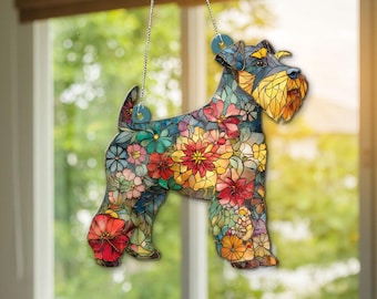 Floral Schnauzer ACRYLIC Suncatcher Dog Window Decor, Schnauzer Lover Gift, Colorful Dog Sun Catcher
