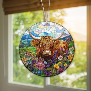 Floral Highland Cow Ornament Window Hanging, Cow lover gift, Farmhouse decor, Stained Glass Ornament, Housewarming, Christmas Indoor Decor