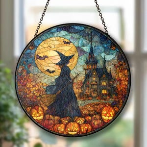 Halloween-Hexe mit Mond Suncatcher, Halloween-Witchy-Fensterdekor, gruseliges Halloween-Dekor für Fenster, Glasmalerei-Hexe-Verzierung