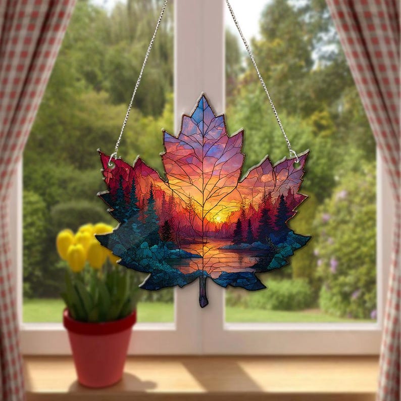 Maple Leaf Suncatcher: Faux Stained Glass Autumn Window Decor, Sunset ...