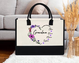 Personalized Grandma Tote Bag: Floral Heart, Grandkids Names