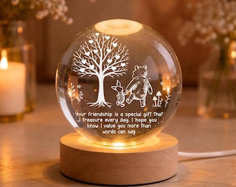 Friendship Engraved Crystal Ball Lamp, Heart Tree Glass Sphere Light, Best Friend Gift, Personalized Night Light, Inspirational Quote Decor