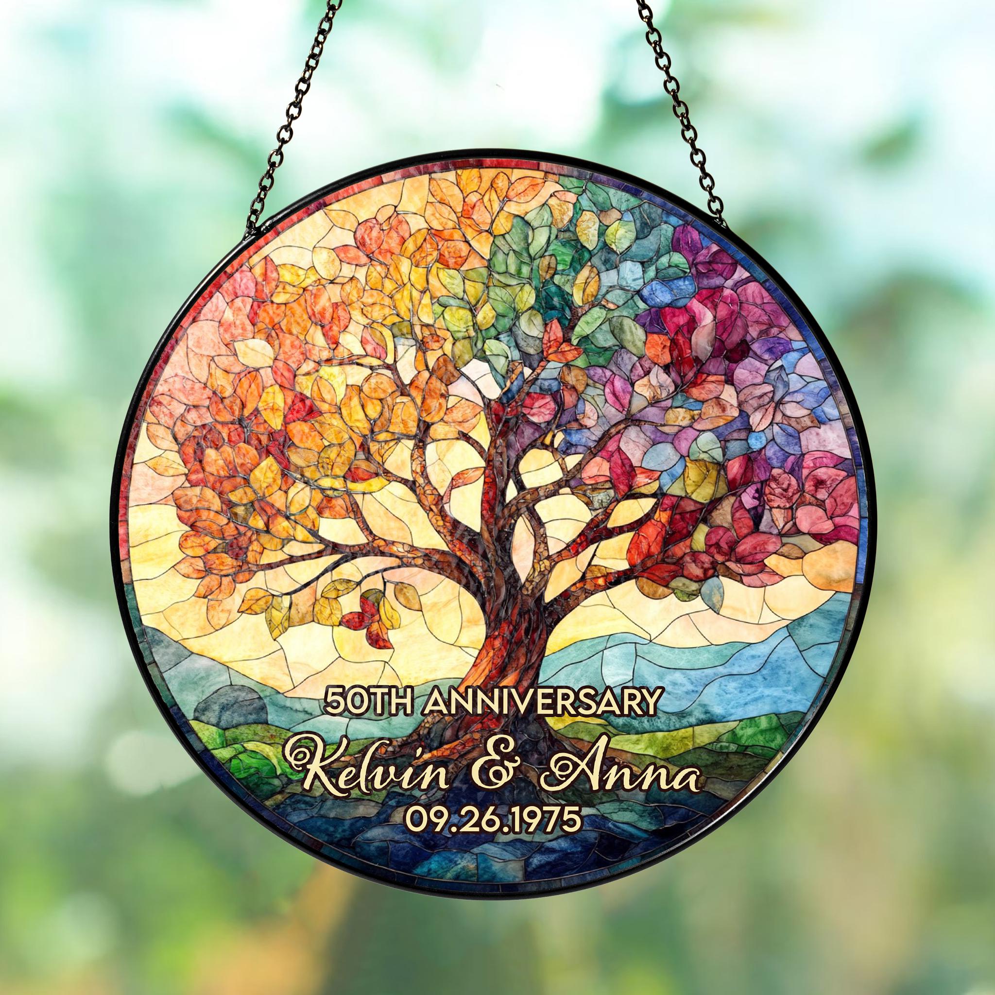 Golden Wedding Gift for Parents or Couple, Personalized Tree of Life 50th Anniversary Gift, Tree of Life Glass Suncatcher,Golden Anniversary