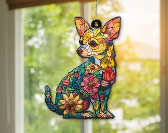 Chihuahua ACRYLIC Suncatcher, Floral Chihuahua Window Decor, Dog Suncatcher Art, Custom Dog Ornament, Chihuahua Lover Gift, Pet Memorial
