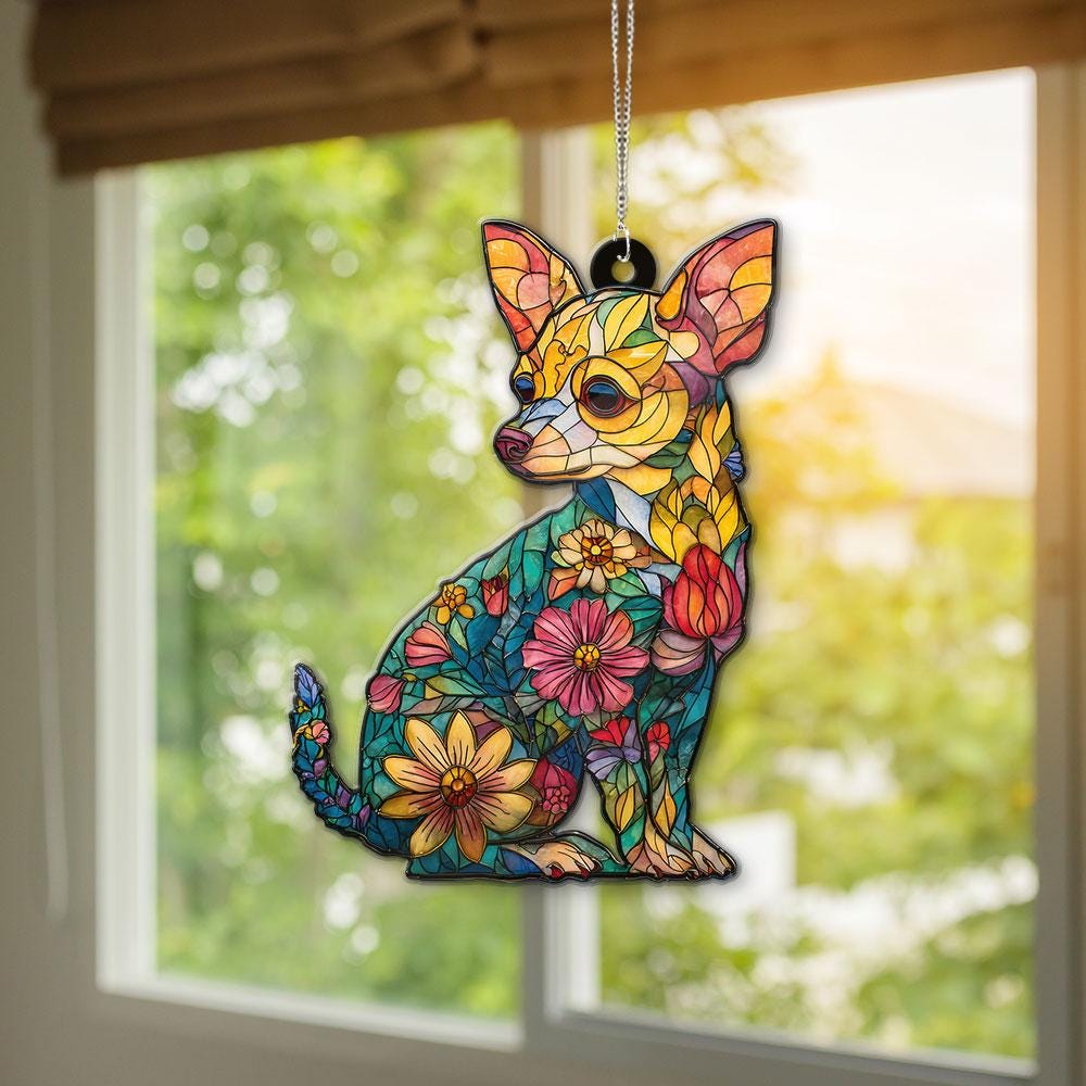 Chihuahua ACRYLIC Suncatcher, Floral Chihuahua Window Decor, Dog Suncatcher Art, Custom Dog Ornament, Chihuahua Lover Gift, Pet Memorial
