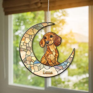 Dackel auf Mond Acryl Ornament, Dackel Geschenke, Personalisierte Hunde Ornamente, Weihnachtsgeschenk für Hundeliebhaber