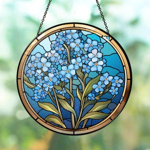 Forget-Me-Not Stained Glass Suncatcher, Floral Window Hanging Decor,Handmade Floral Sun Catcher,Nature Inspired Art,Botanical Glass Ornament