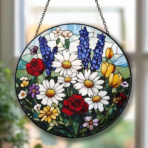 Wildflower Glass Suncatcher, Wildflower Window Hanging Decor, Florist Gifts, Gift for Flower Lover, Sun Catcher Gift for Mom, Grandma