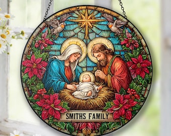 Personalized Nativity Stained Glass Suncatcher, Holy Family Christmas Window Hanging,Religious Christian Ornament,Manger Scene Holiday Decor
