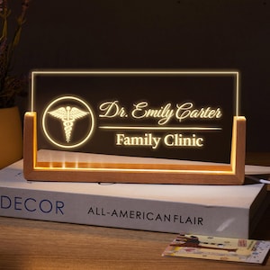 Family Clinic Desk Sign Night Light, Custom Office Name Plate, Personalized Doctor Desk Sign, Medical Office Decor, Clinic Name Plaque