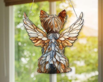 Angel Yorkie hond Suncatcher – Yorkshire Terrier met vleugels raam hangend ornament voor huisdier gedenkteken en huisdecoratie, Yorkie hondenornament