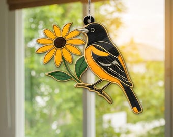 Oriole Suncatcher: Maryland State Bird & Flower Acrylic Window Decor