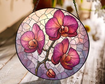 Orchid Stained Glass Suncatcher, Pink Flower Window Hanging Panel, Floral Sun Catcher Decoration, Botanical Home Gift Orchid Lover Gift