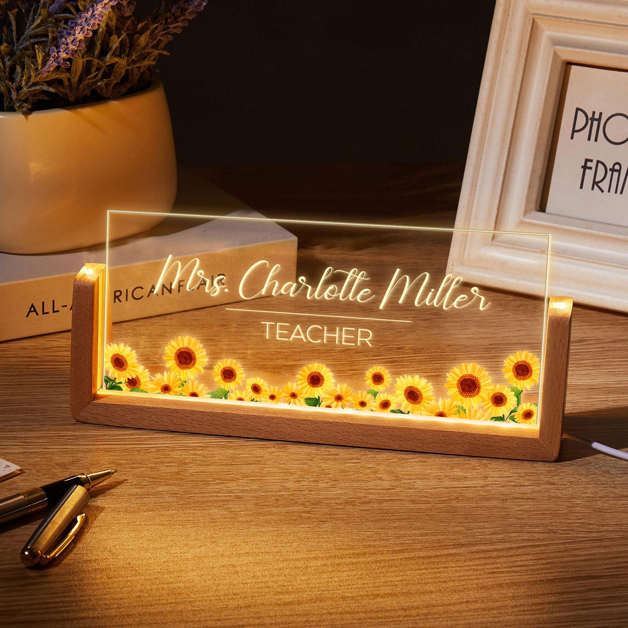 Personalized Teacher Desk Name Plate: Lighted Sunflower Decor