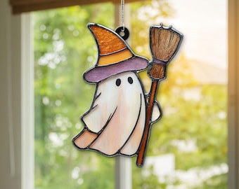 Halloween Ghost Suncatcher: Acrylic Witch with Broom Window Hanging