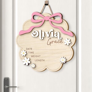 Plaque nominative personnalisée pour bébé : décoration de marguerites avec noeud rose, fibre de bois