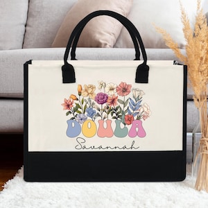 Personalized Doula Tote Bag with Floral Design, Custom Name Gift for Midwife, Doula Appreciation Bag, Birth Worker Canvas Tote