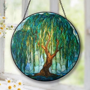 Personalized Wedding Anniversary Suncatcher, Willow Tree Stained Glass Gift, Custom Couple Gift for Husband Wife, 9th Anniversary