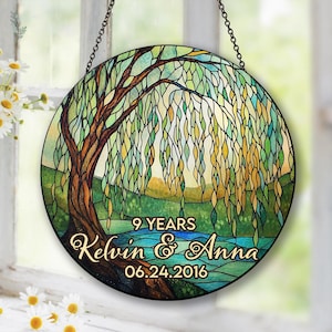 Personalized Wedding Anniversary Suncatcher, 9 Year Willow Tree Stained Glass Gift, Custom Couple Gift for Husband Wife, 9th Anniversary