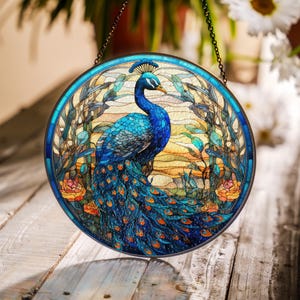 Peacock Flower glas-in-lood suncatcher, pauw raam hangende kunst aan de muur, vogel geschenken, pauw minnaar woondecoratie, decor vogel lichtvanger