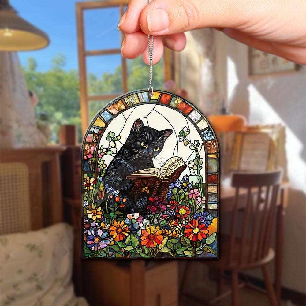 Acchiappasole a forma di gatto nero con edera - Decorazione olografica