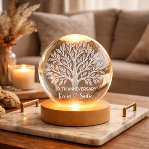 personalized 30th Anniversary Gift for Couple, Custom Engraved Crystal Ball Tree Night Light, Anniversary Lamp, Wedding Date Keepsake Decor