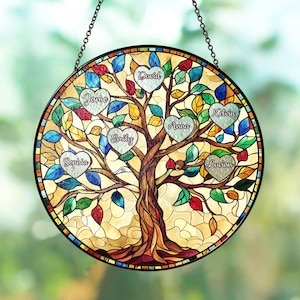 Tree of Life Names Stained Glass Suncatcher, Family Tree Suncatcher, Father&#39;s Day Gift, Custom Suncatcher with Kids Names, Gifts for Mom
