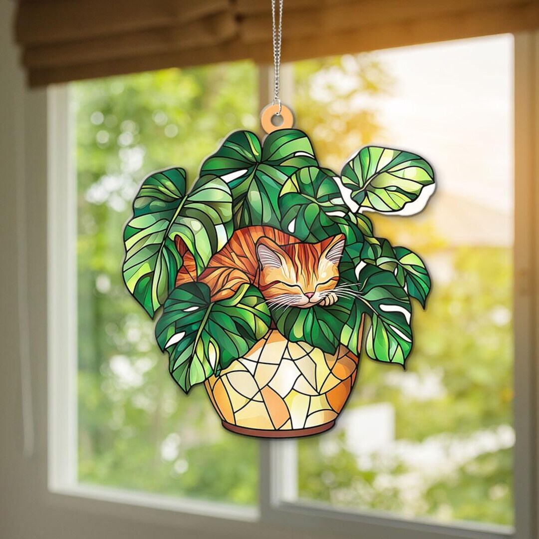 Cat Monstera Suncatcher: Acrylic Plant Window Hanging - Etsy
