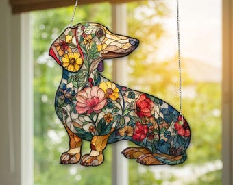 Bloemen teckel ACRYL Suncatcher: gepersonaliseerd Doxie Pet Memorial Ornament