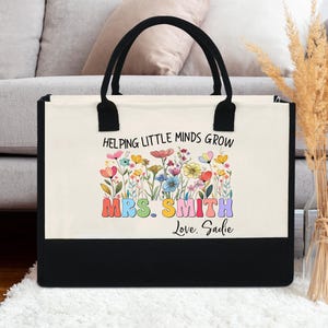 Personalized Teacher Tote Bag – Helping Little Minds Grow – Custom Name Teacher Gift – Floral Canvas Bag – End of Year Gift for Her
