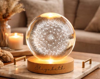 Personalized Dandelion Night Light, Custom Name Crystal Ball Lamp, Dandelion Flower, Unique Birthday Gift for Her, Aesthetic Room Decor