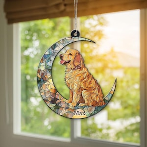 Golden Retriever On The Moon Suncatcher, Dog Lover Gifts, Golden Dog Christmas Gifts, Pet Memorial Ornament, Dog Holiday Decoration