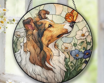 Sheltie Suncatcher with Butterfly, Shetland Sheepdog Window Hanging Ornament Gift, Sheltie Memorial Gifts