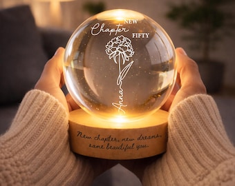 Personalized Birthday Gift for Women, Custom Name New Chapter Fifty Crystal Ball, Elegant Floral Milestone Birthday Keepsake