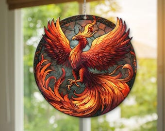 Phoenix Ornament, Mythical Bird Sun Catcher, Fire Phoenix Window Hanging, Spiritual Rebirth Decor, Gift for Fantasy Lovers