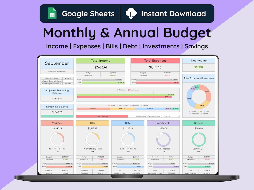 Monthly & Annual Budget Spreadsheet, Light Mode, Google Sheets Template ...