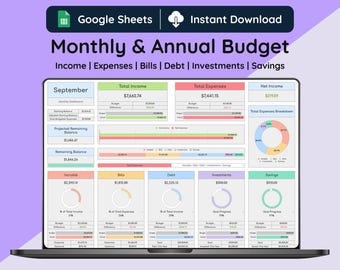 Monatliches & Jahresbudget, Light Mode, Google Sheets Vorlage (digitaler Download), Expense Tracker
