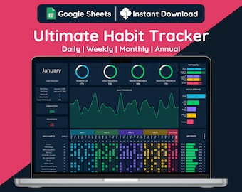 Google Sheets Ultimate Habit Tracker Mode sombre, Suivi des habitudes quotidien, hebdomadaire, mensuel et annuel, Suivi des tâches, Suivi des routines, Planificateur des habitudes