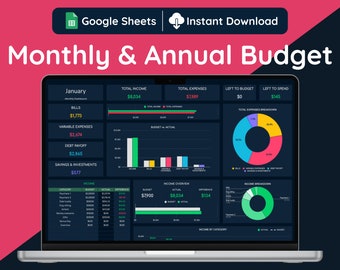 Google Sheets Monthly and Annual Budget, Annual Budget Spreadsheet, Annual Budget Planner, Transaction Tracker, Dark Mode Budget Spreadsheet