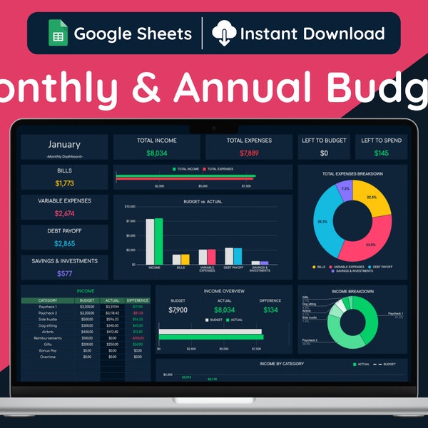 Google Sheets Monats- und Jahresbudget, Jahresbudgettabelle, Jahresbudgetplaner, Transaktions-Tracker, Haushaltstabelle im Dark Mode