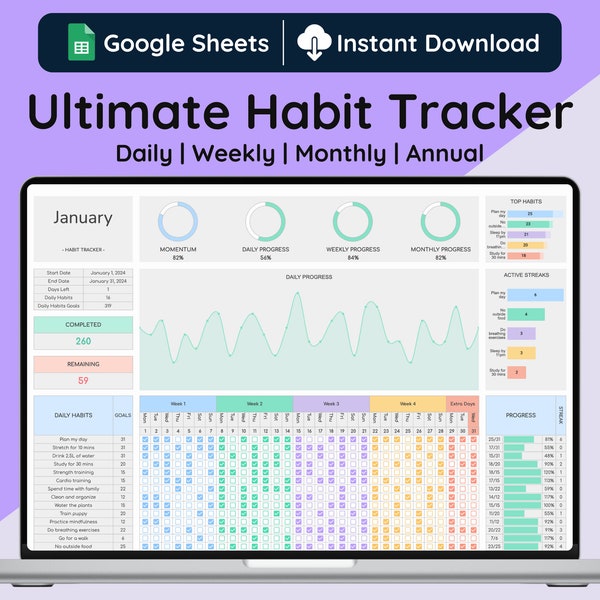 Google Sheets Ultimate Habit Tracker Modo ligero, Seguimiento de hábitos diario, semanal, mensual y anual, Seguimiento de tareas, Seguimiento de rutinas, Planificador de hábitos