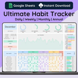 Ultimate Habit Tracker, Google Sheets, Monthly Habit Tracker, Routine Tracker, Habit Planner, Weekly Habit Tracker, Annual Habit Tracker