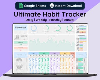 Ultimate Habit Tracker, Light Mode, Google Sheets Template (Digital Download), Monthly & Annual Habit Tracking