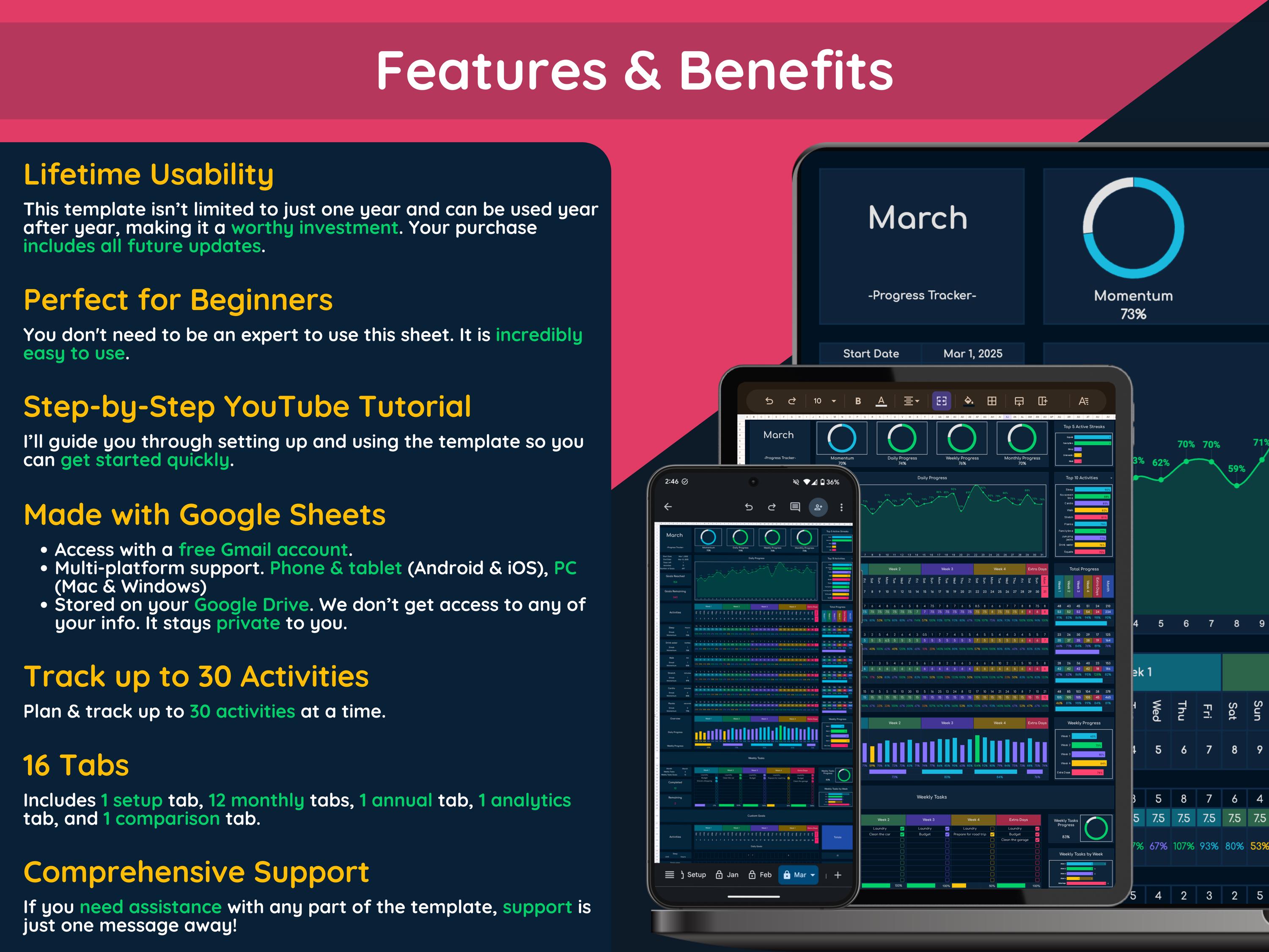 Ultimate Progress Tracker Spreadsheet, Dark Mode, Google Sheets ...